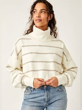 Free People Paulie Stripe Turtleneck Small NWT Neutral Boho Cropped Knit Sweater